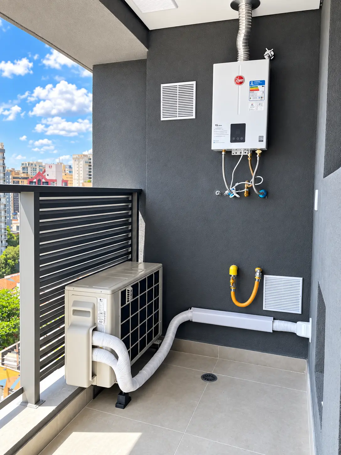 Condensadora instalada em varanda com tubulação e acabamento organizados